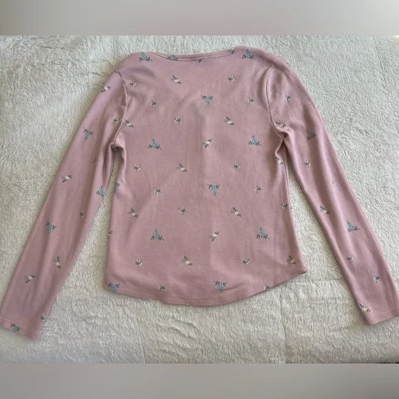 Lucky Brand Medium Pink Floral Waffle Henley Women’s Top - Picture 4 of 7